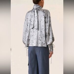 Ganni Silk Floral Gray Women's Blouse Tie Up Sleeves Wrap Scarf